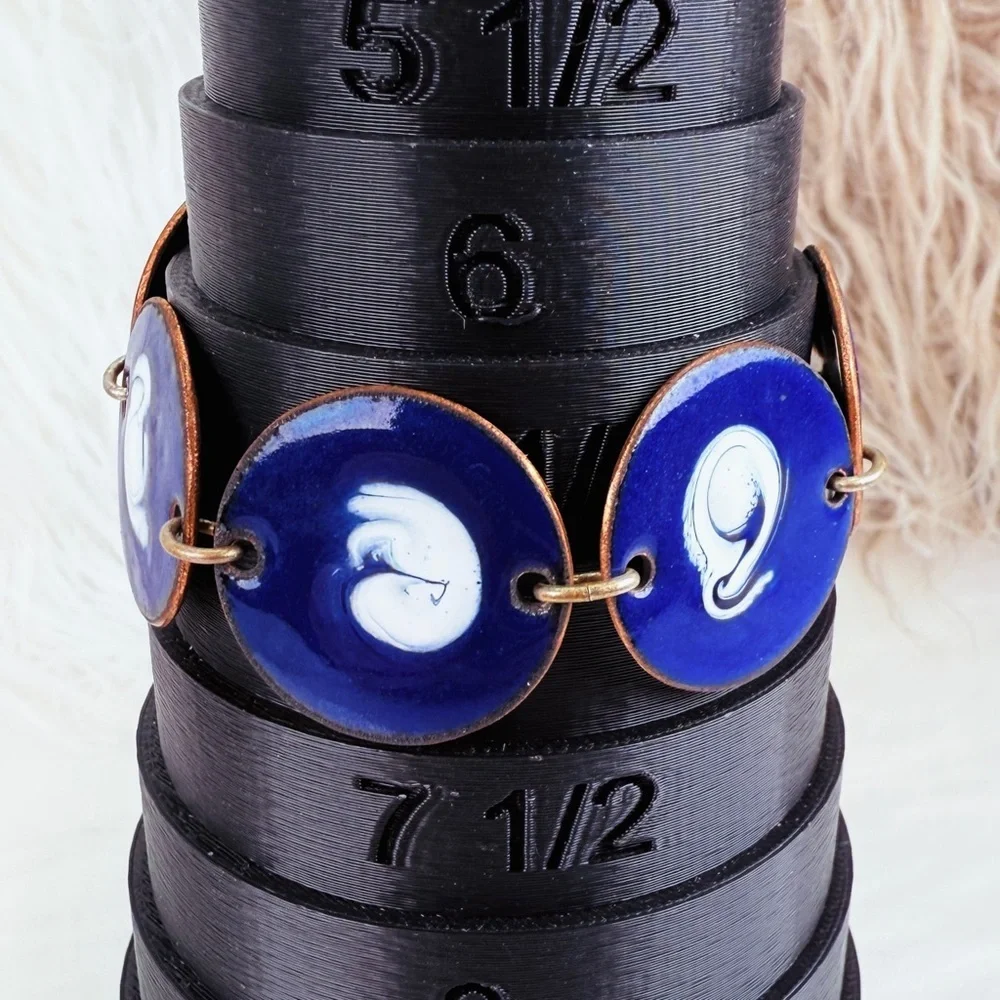 Vintage Cobalt Blue Abstract Disc Bracelet White Motif Articulated Statement